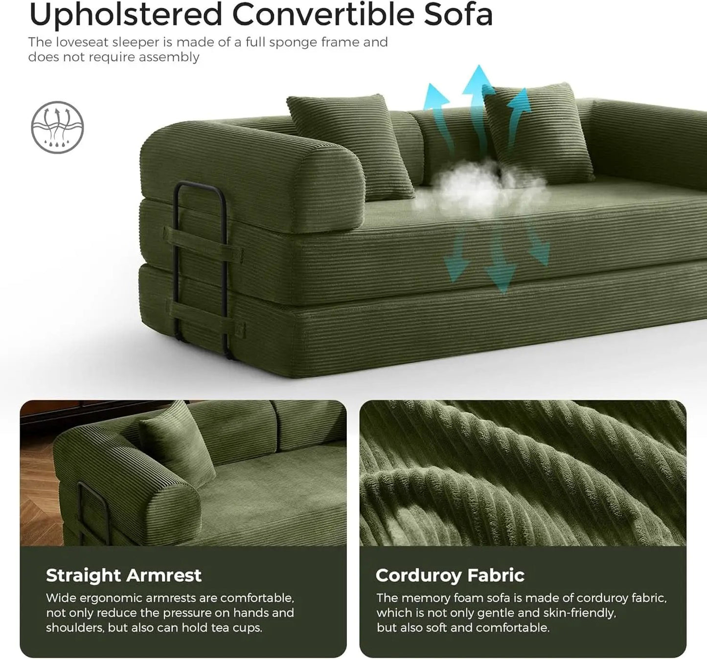 Green Convertible Sofa Bed With Removable Armrests from PriceLows™
