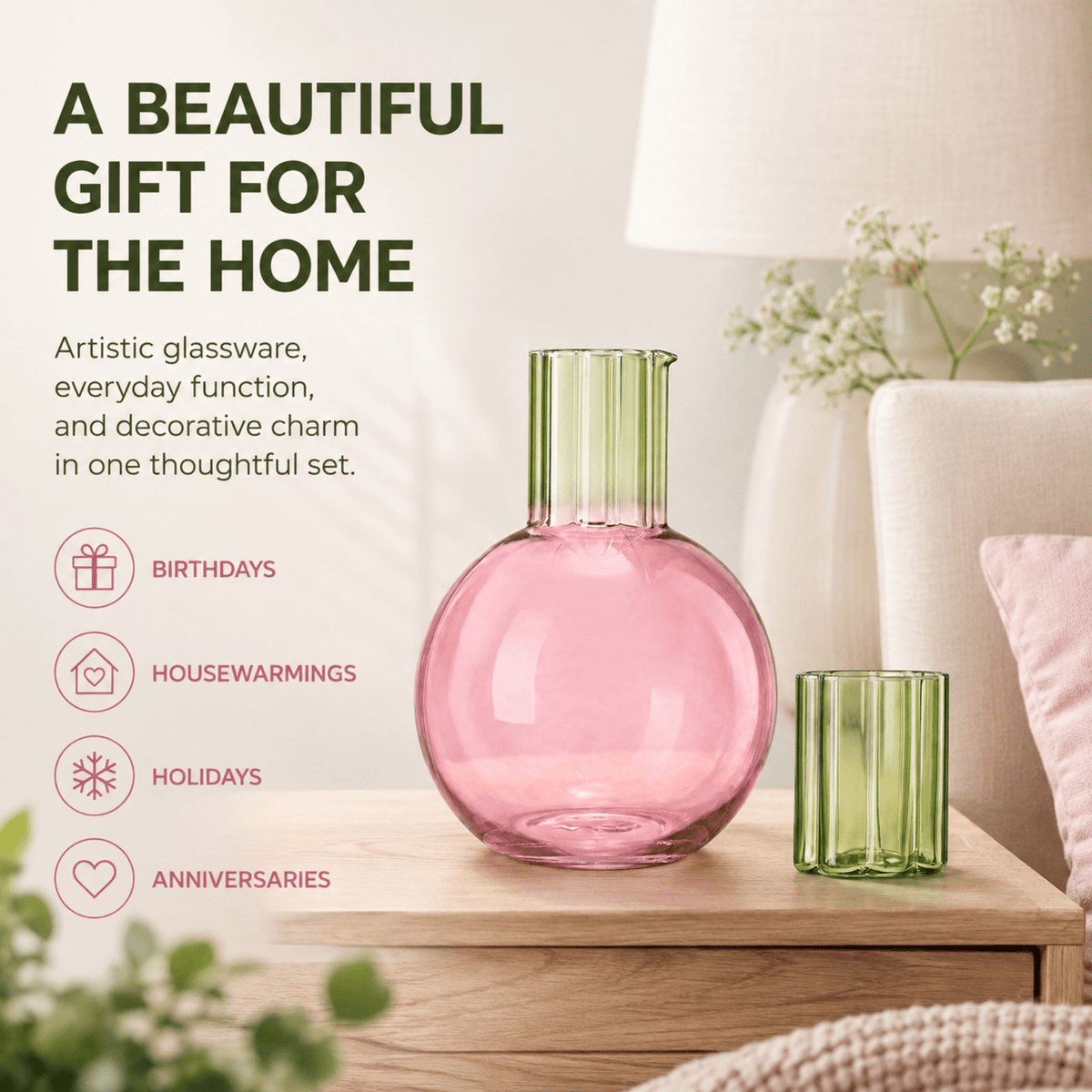 Colorful Carafe & Ribbed Flower Cup Set 44oz Glasses | 44 oz | Glass | Serving Pitcher & Carafe