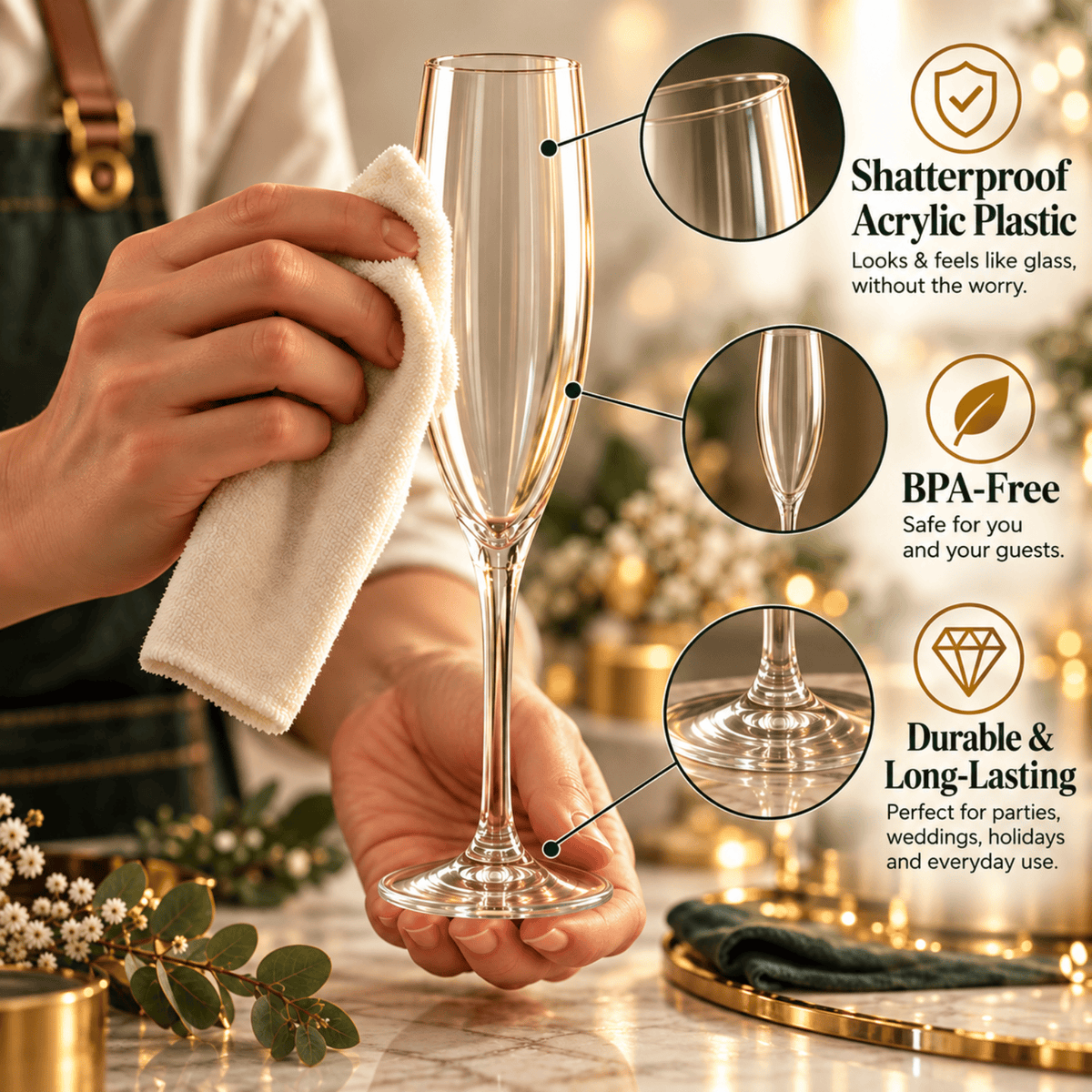 Barcelona Acrylic Champagne Flute Glassware | 7 oz | Set of 6 | Acrylic
