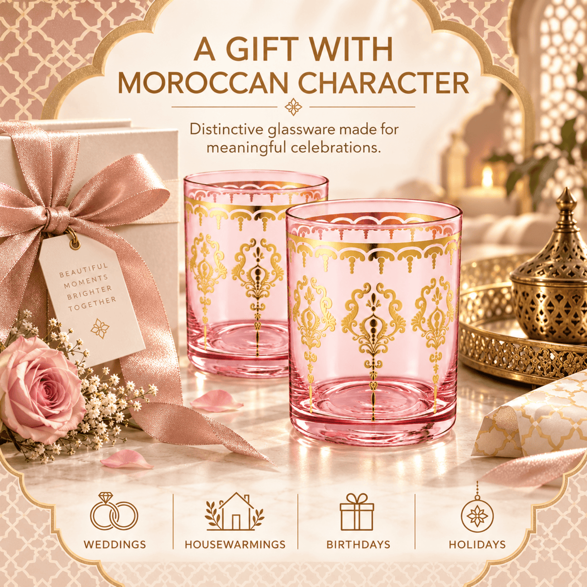 Moroccan Whiskey & Cocktail Glass Pink & Clear | Set of 2 | Glass | Tumbler
