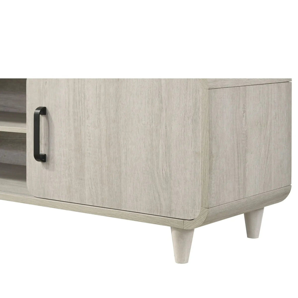 TV Stand With Sliding Doors | Mid-Century Modern | Antique White Finish | Open Shelves
