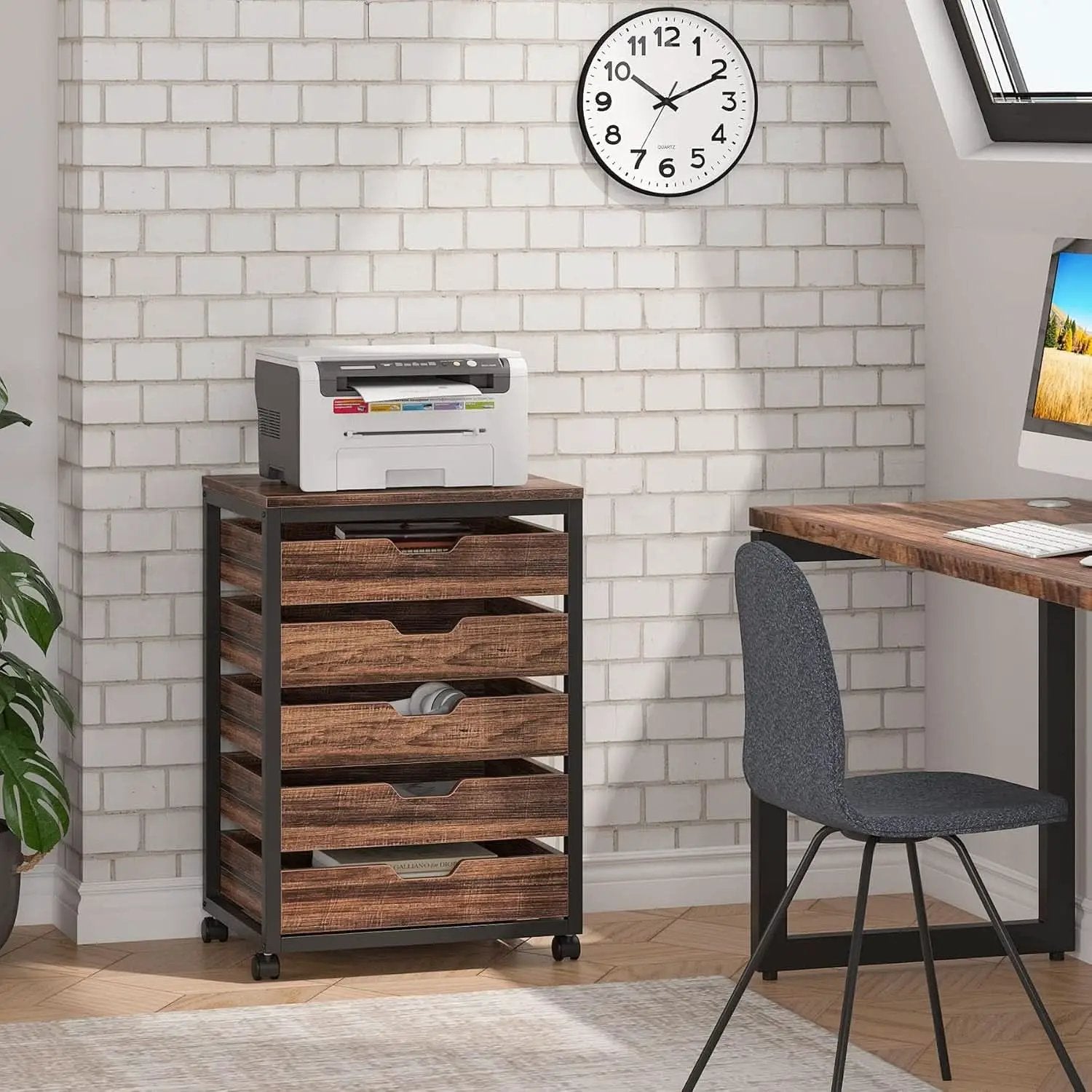 Industrial Five Drawer Wood Dresser Cart BrownFinish from PriceLows™