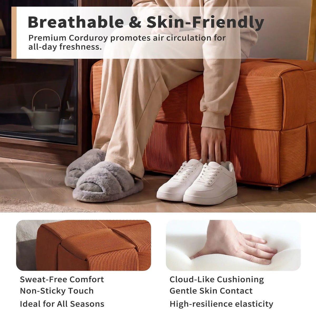Modern Ottoman Foot Rest | Woven Design | Engineered Wood Frame | 14.2 Inch Cube