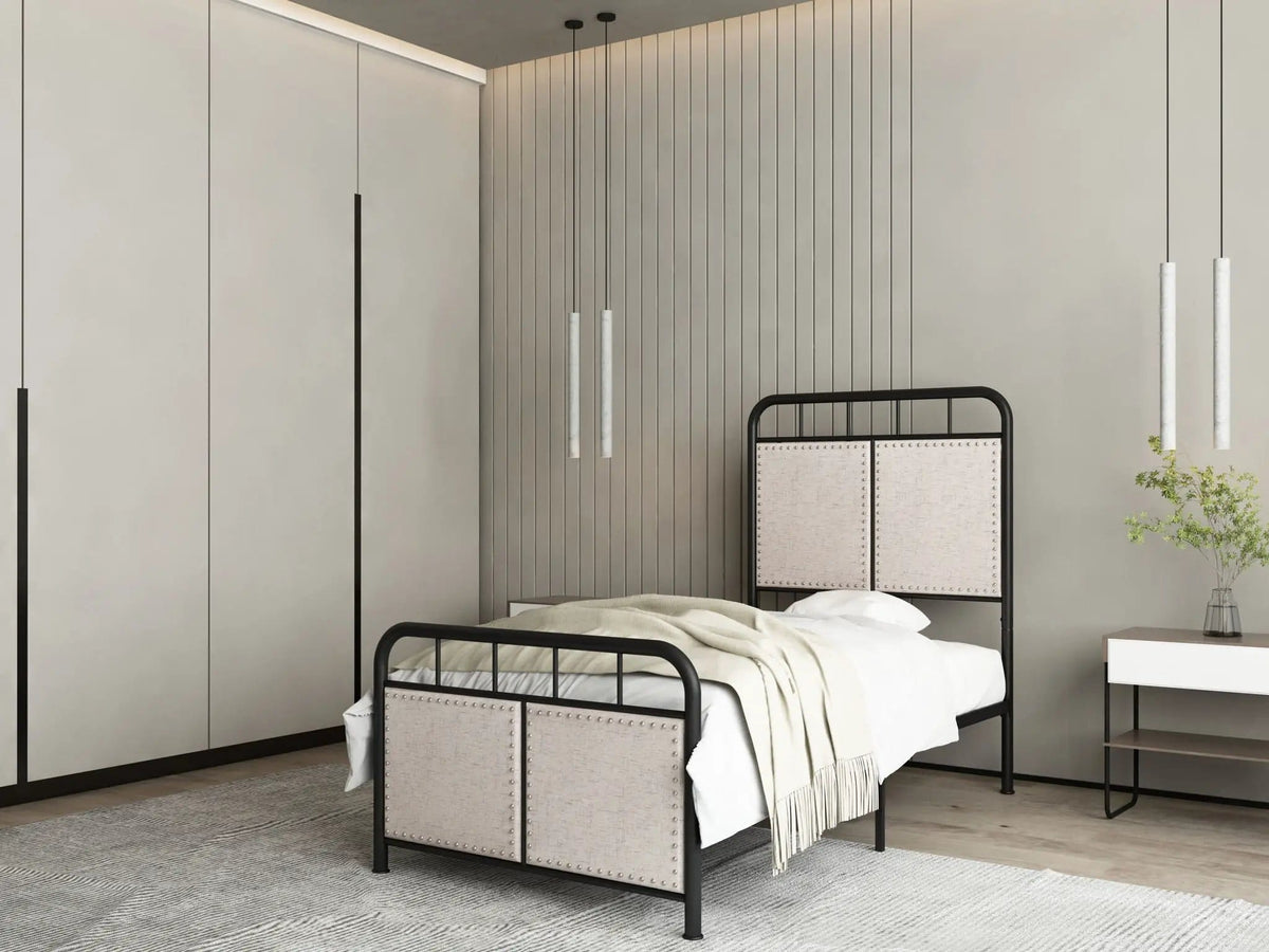 Twin Size Linen Upholstered Platform Metal Bed Frame With Fabric Headboard And | 77.5 x 41.25 x 53.75 in | Linen & Fabric | Brown