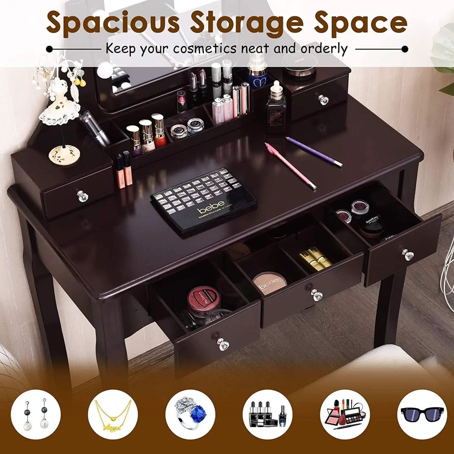 Brown Vanity Table Set With 10 LED Lights For Bedroom from PriceLows™