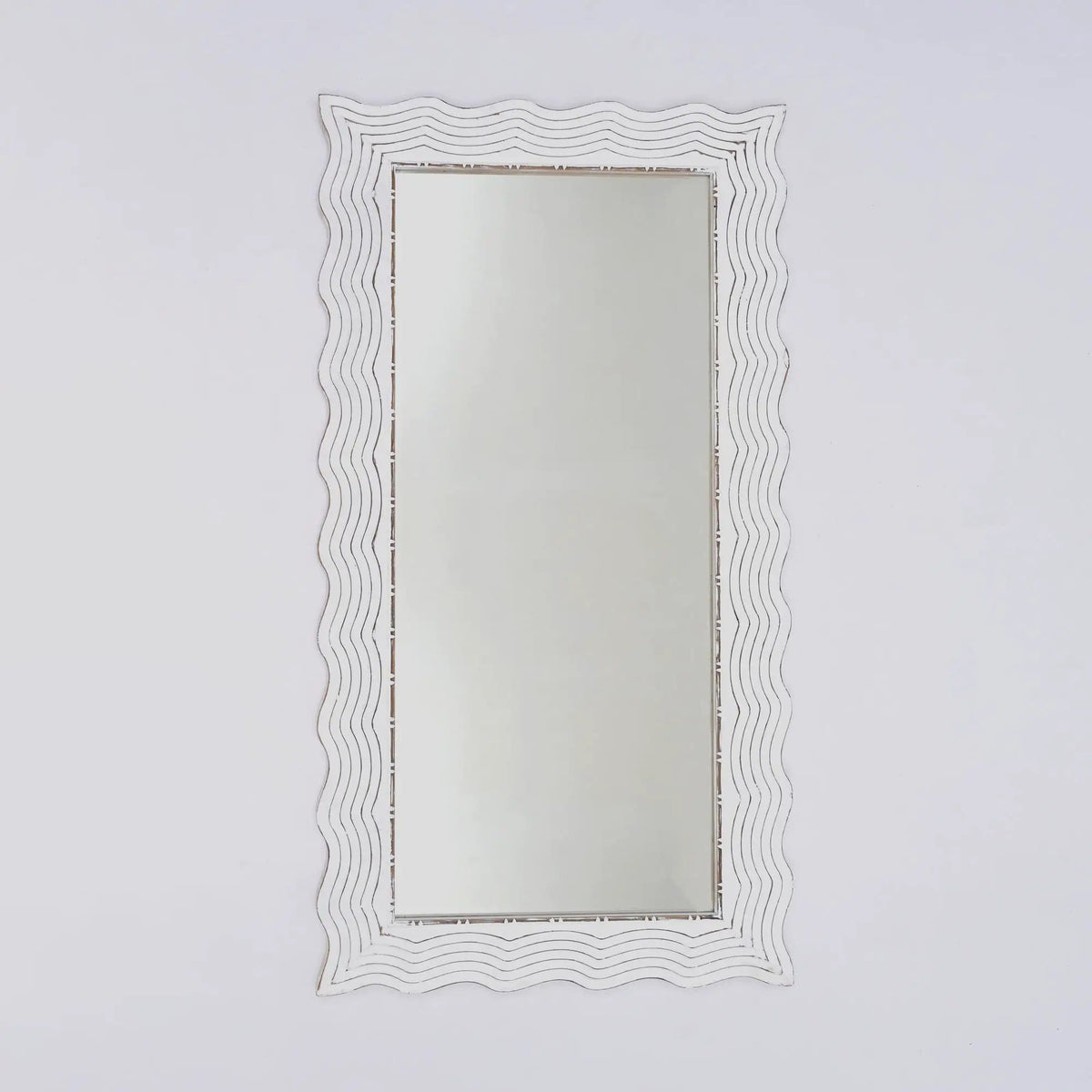 Handcarved Wave Design Rectangle Mirror Accent Enhancing Space Antique | 36 x 1 x 72 in | Glass | White