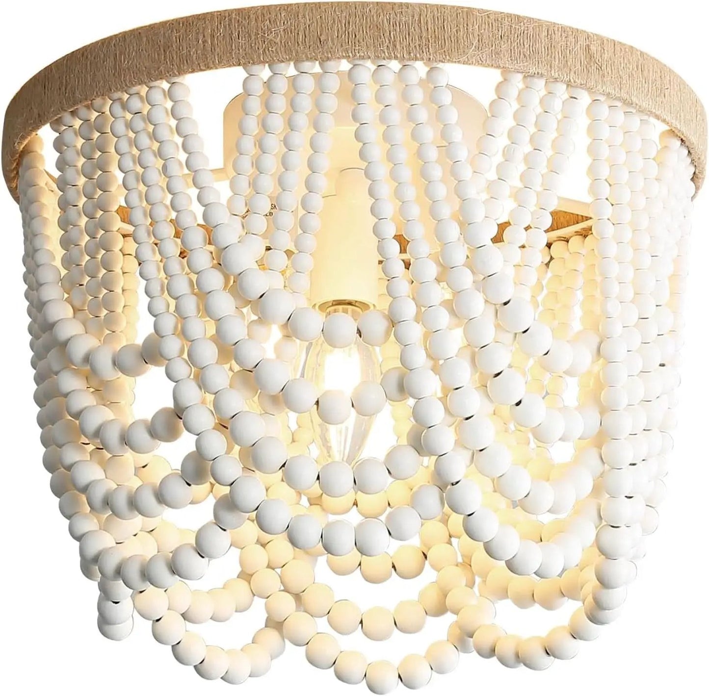 Three Light White Wood Bead Bohemian Chandelier Handmade from PriceLows™