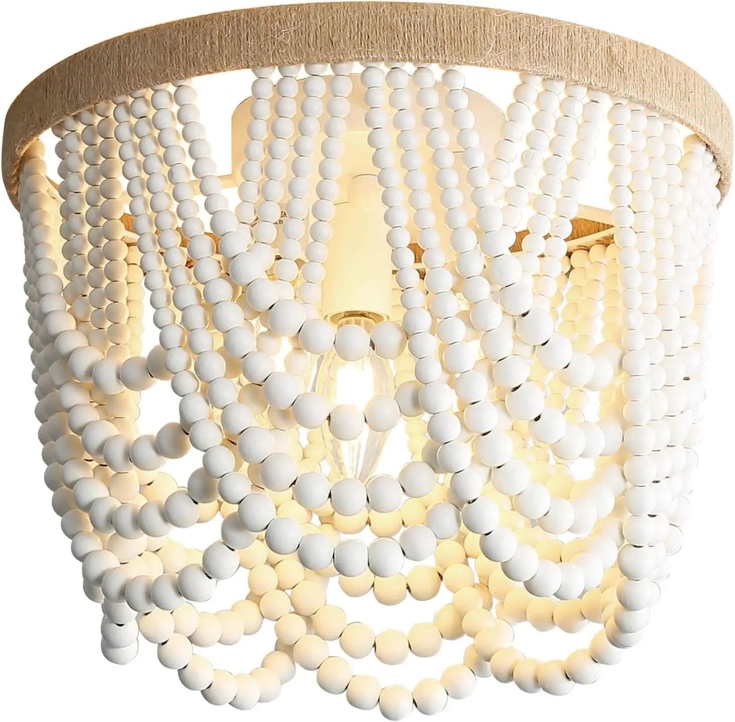 Three Light White Wood Bead Bohemian Chandelier Handmade from PriceLows™