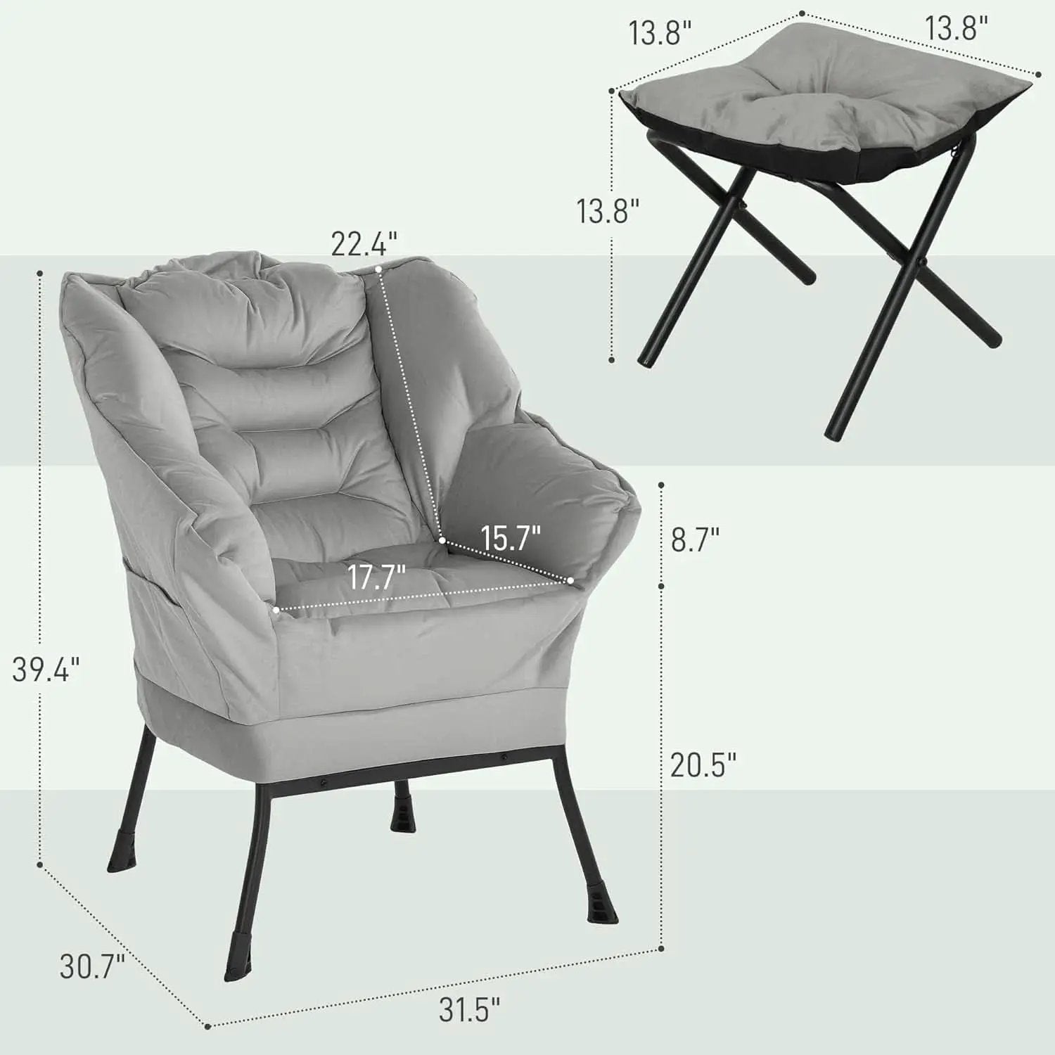 Fabric Lounge Chair With Ottoman Light Gray Overstuffed Padding from PriceLows™