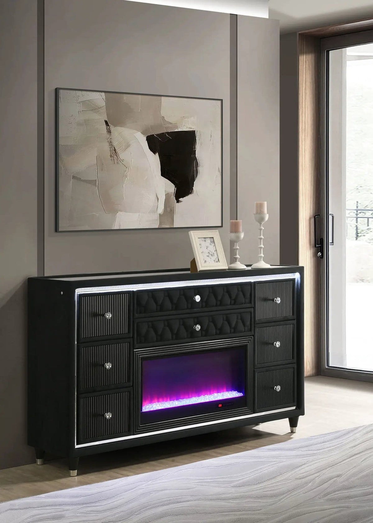 Lorient 8-drawer LED Bedroom Flame Box Dresser | 66.25 x 16.25 x 39.25 in | Rubberwood & Velvet | Black