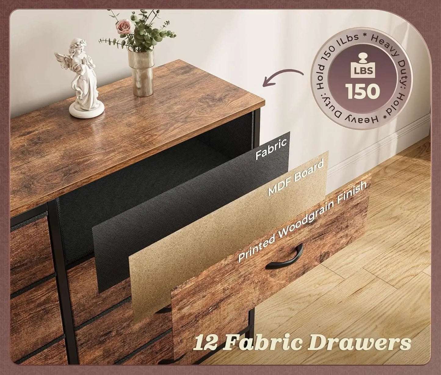 63Inch Dresser With Premium Fabric Drawers RusticBrown from PriceLows™