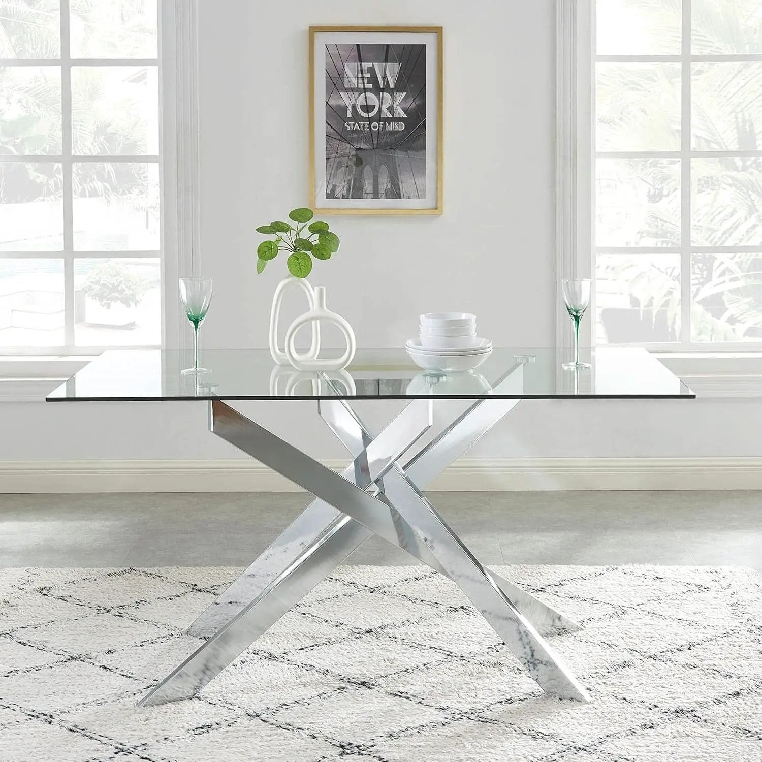 58.5 Inch Rectangular Glass Dining Table With Silver Finish from PriceLows™