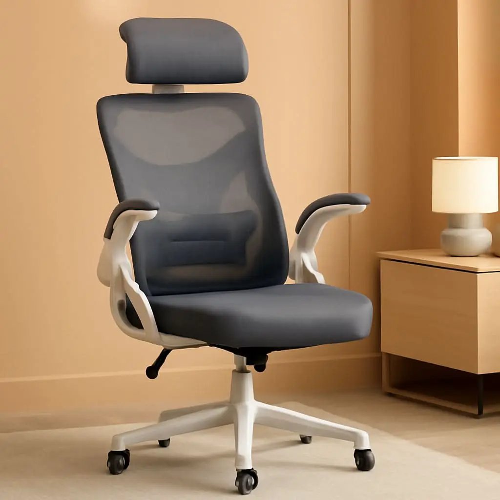 Ergonomic Mesh Office Chair White Gray With Flip Up Armrests from PriceLows™