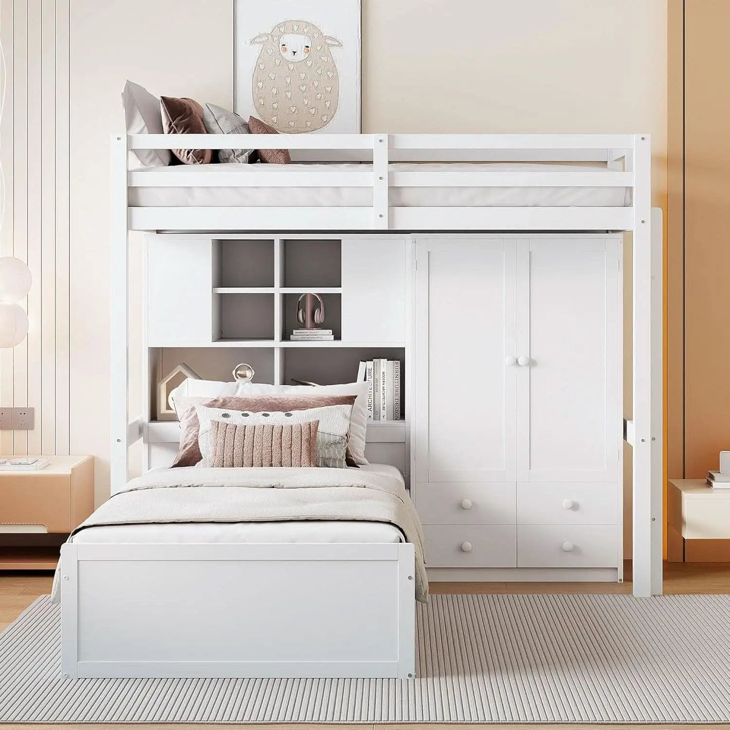 White Twin Over Twin Bunk Bed With Drawers And Wardrobe from PriceLows™