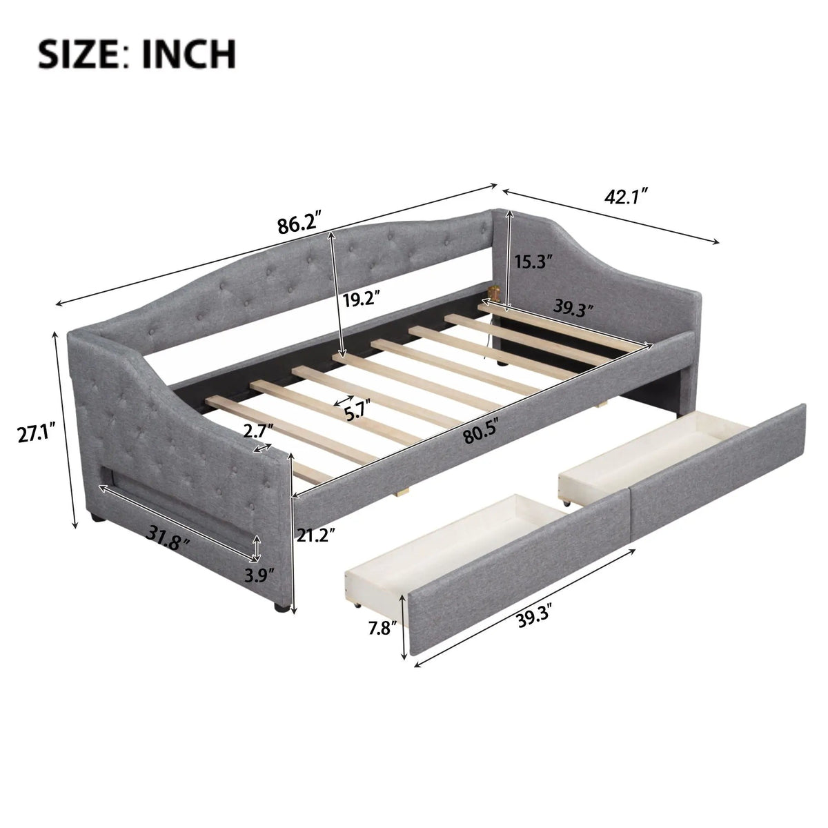 Daybed With LED Lights | Upholstered Trundle Daybed | Thickly Padded Sponge | 84 Inch Length