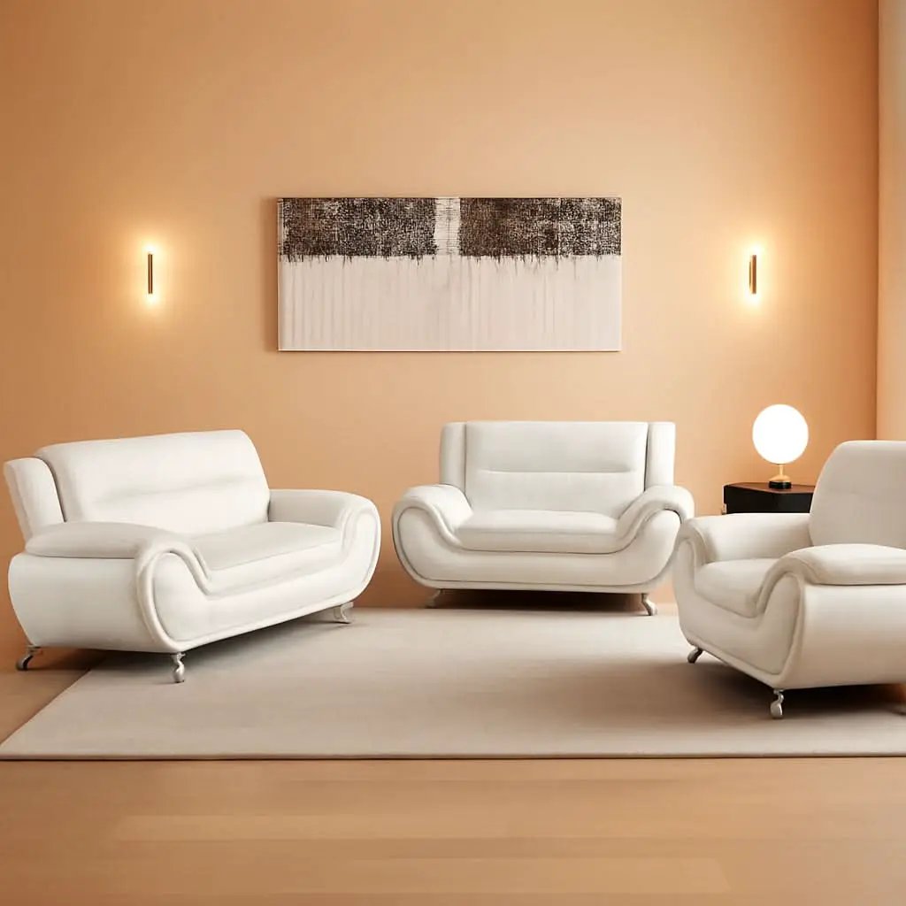 Leather 3 Piece Living Room Set Cream White With 3 Seater Sofa Loveseat And Armchair from PriceLows™