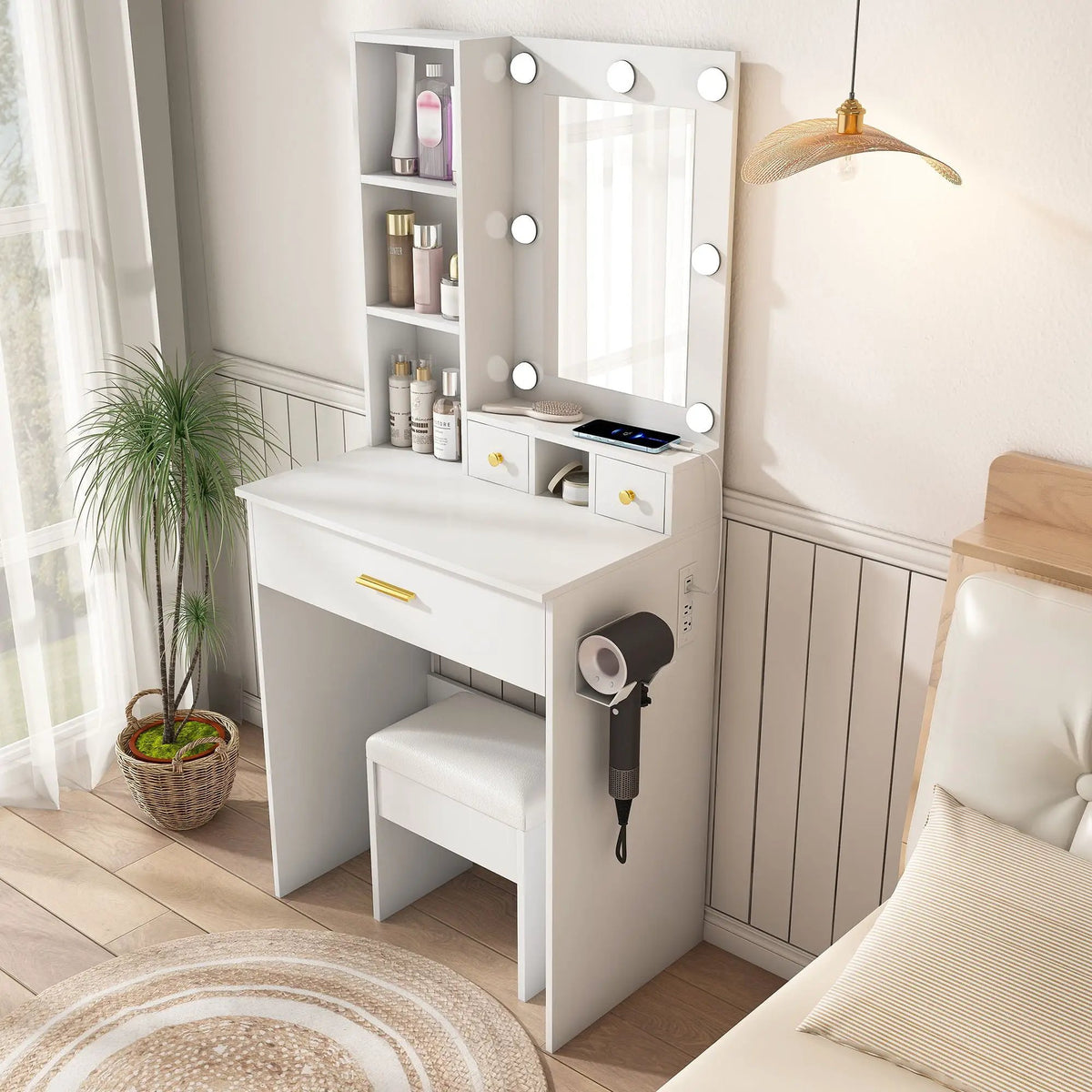 Vanity Table | LED Mirror | Power Outlet | Includes Stool