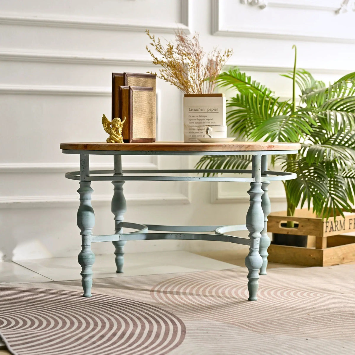 Round Carved Top Coffee Table | 31.5 Inch Diameter | Detachable Metal Legs | Easy Assembly