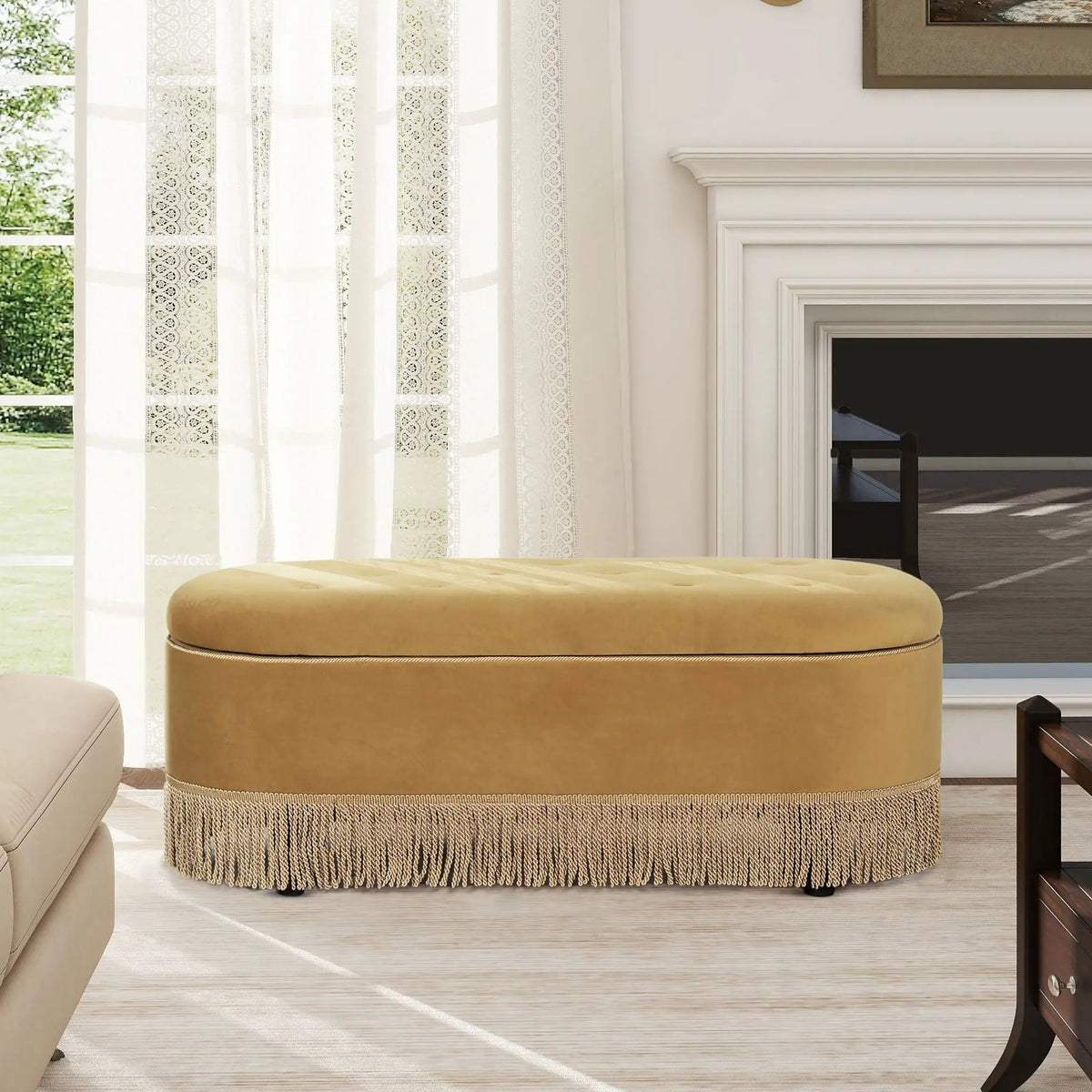 Melinda Oval Storage Bench | Button Tufted Seat | Bullion Fringe | Flip-Top Compartment