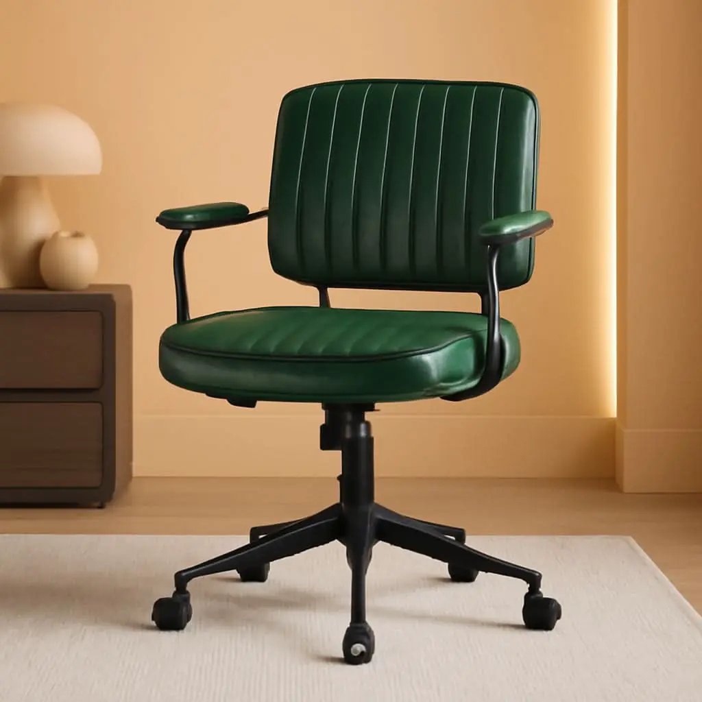 Green Leather Mid Century Office Chair With Wheels And Arms from PriceLows™