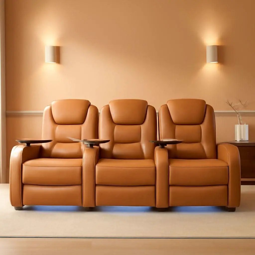 Orange Top Grain Leather Home Theater Seating Row Of Three USB Charger from PriceLows™