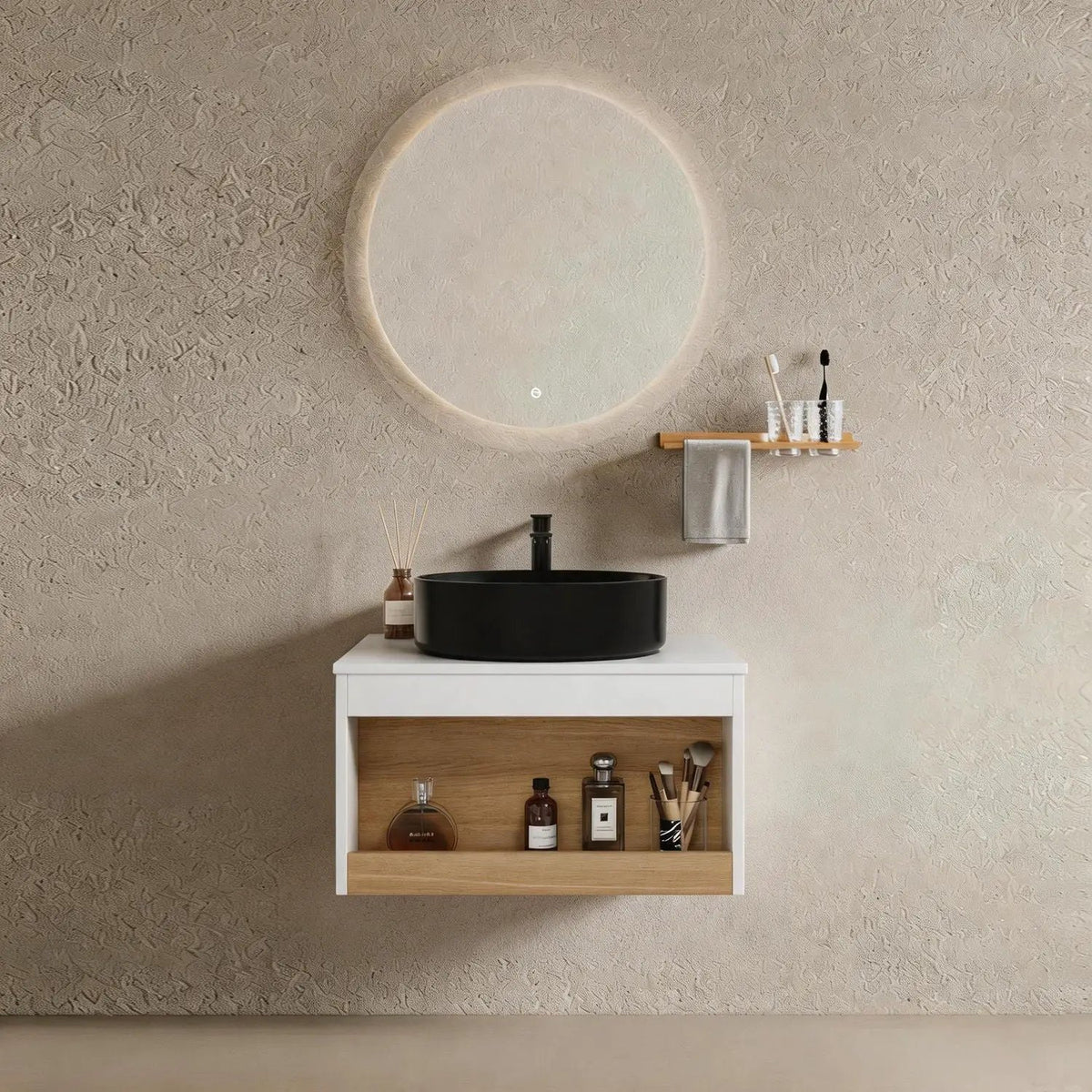 Floating Bathroom Vanity | Round Glossy Sink | Wall Mounted | Compact Design