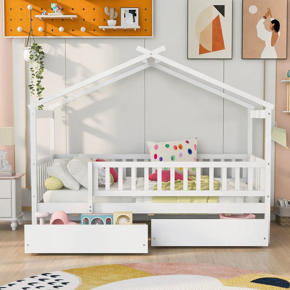 Kids House Bed With 2 Drawers | Sky Roof Design | Classic House Shape | 62.9 Inch Height
