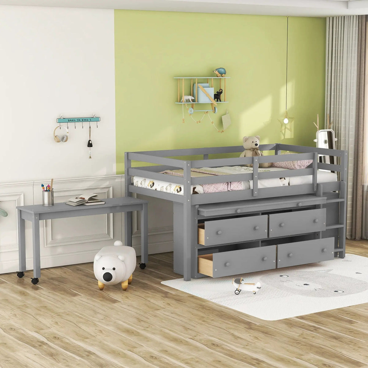 Loft Bed With Retractable Desk | 4 Front Drawers | Lateral Portable Desk | Side Shelves