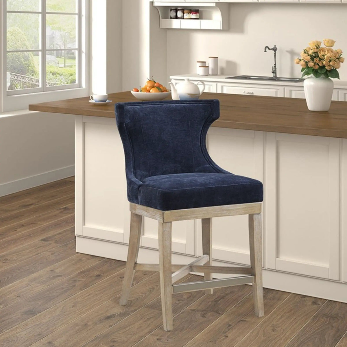 Carson Swivel Counter Stool | Wingback Shape | Piping Details | Solid Wood Legs