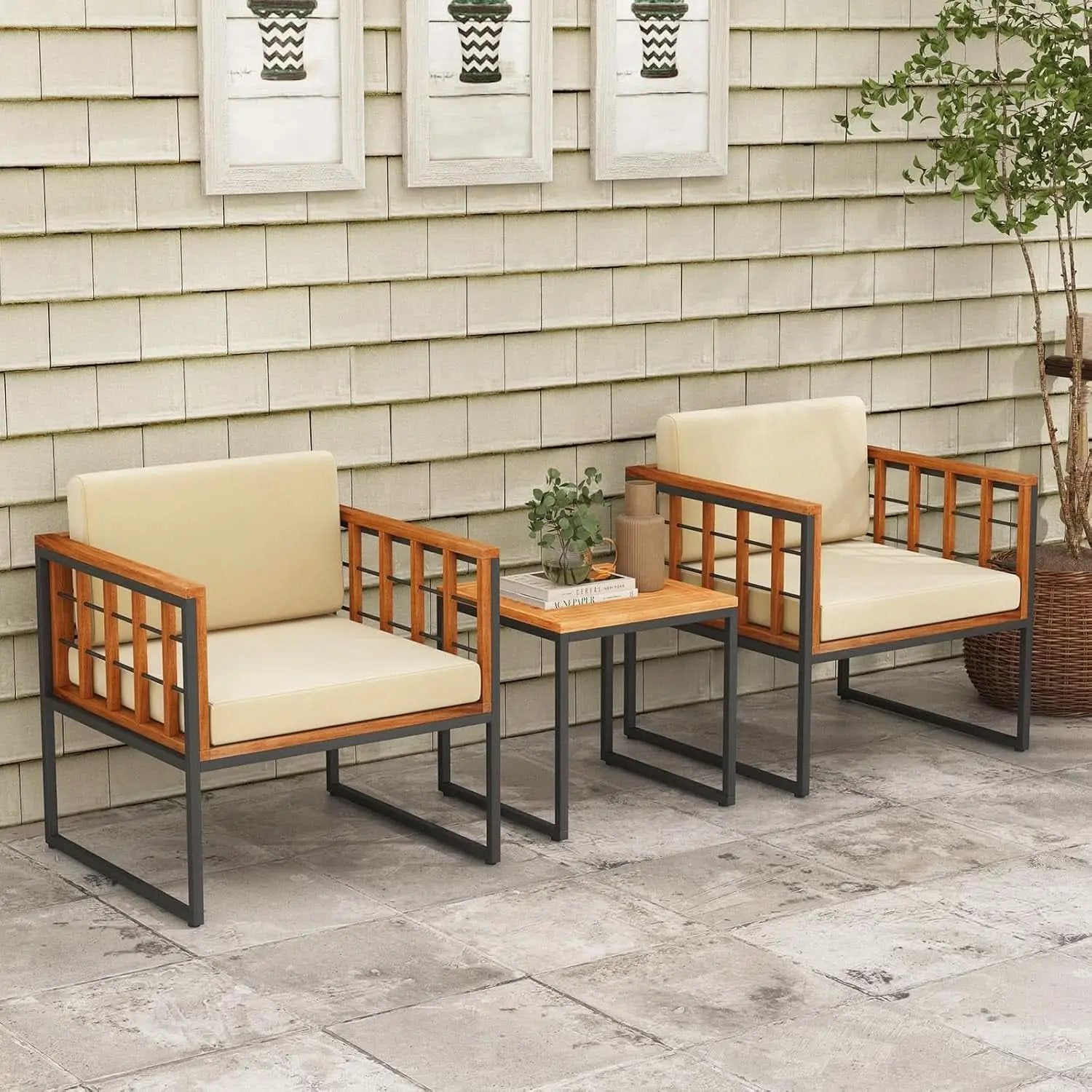 Three Piece Acacia Wood Patio Chair Set With Cushioned Seats For Balcony Porch And Backyard Beige from PriceLows™