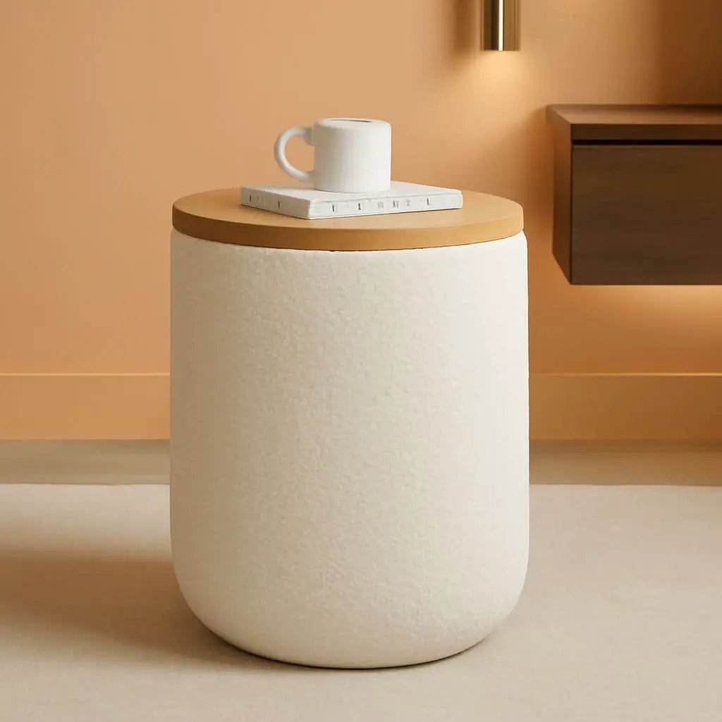 Cream Textured Storage Ottoman Removable Lid Walnut from PriceLows™