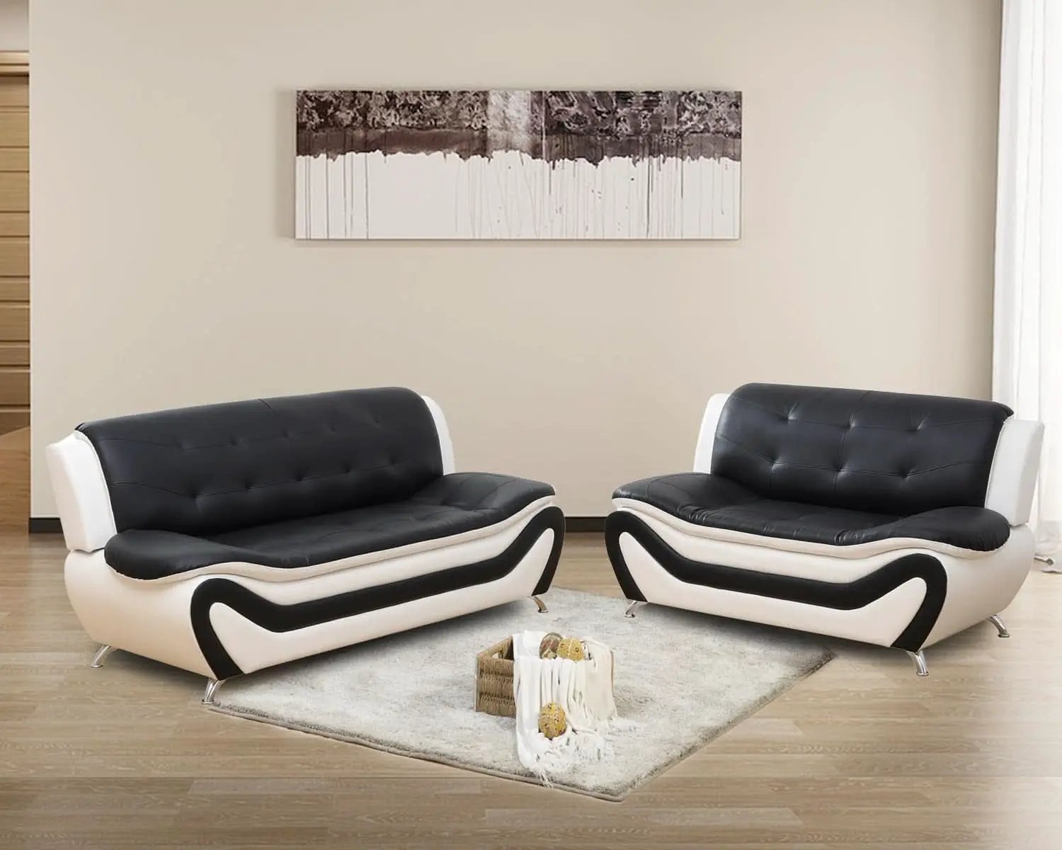 Faux Leather Sofa And Loveseat Set 2 Piece White And Black from PriceLows™