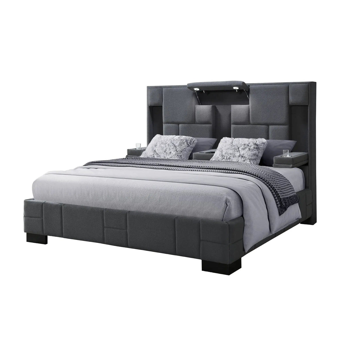 Yaris Contemporary Bed With Wireless Charging And LED Lights | 91.34 x 68.23 x 62.91 in | Wood | Bedroom