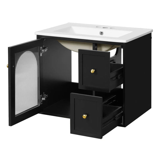 Wall-Mounted Bathroom Vanity Set | Sink Included | 2 Drawers | Soft-Close Glass Door Cabinet