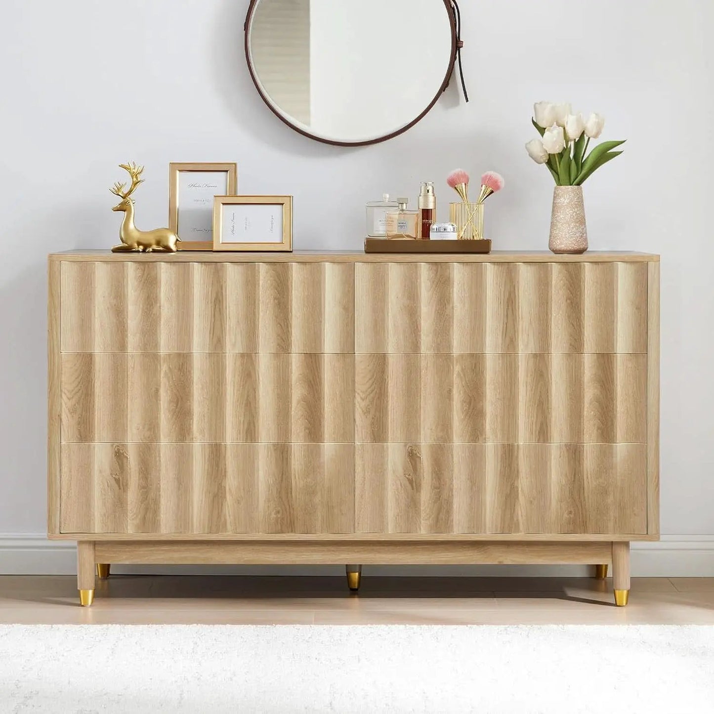 Fluted Six Drawer Dresser Walnut Finish FiftyThreeInchWide from PriceLows™