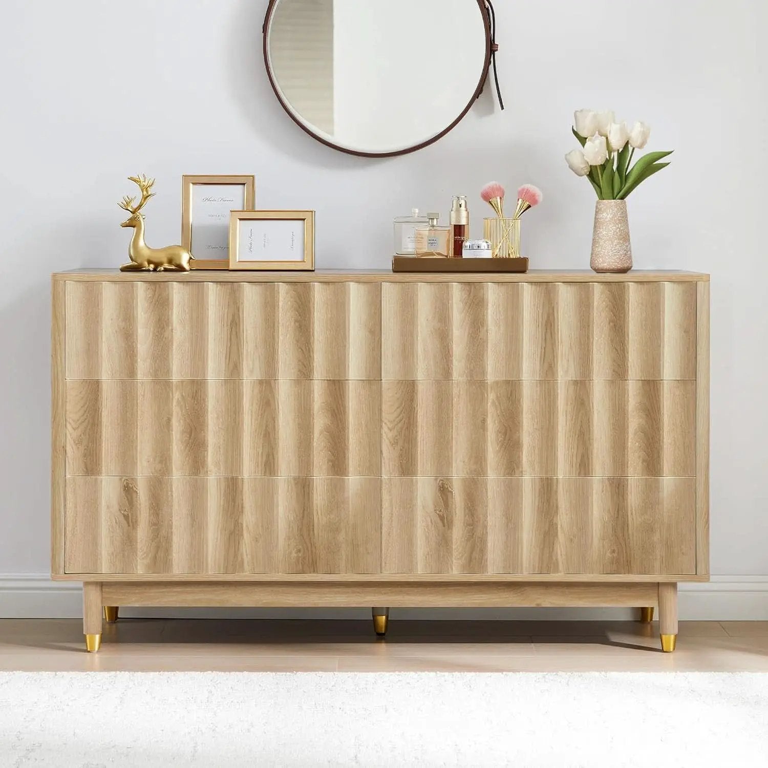 Fluted Six Drawer Dresser Walnut Finish FiftyThreeInchWide from PriceLows™