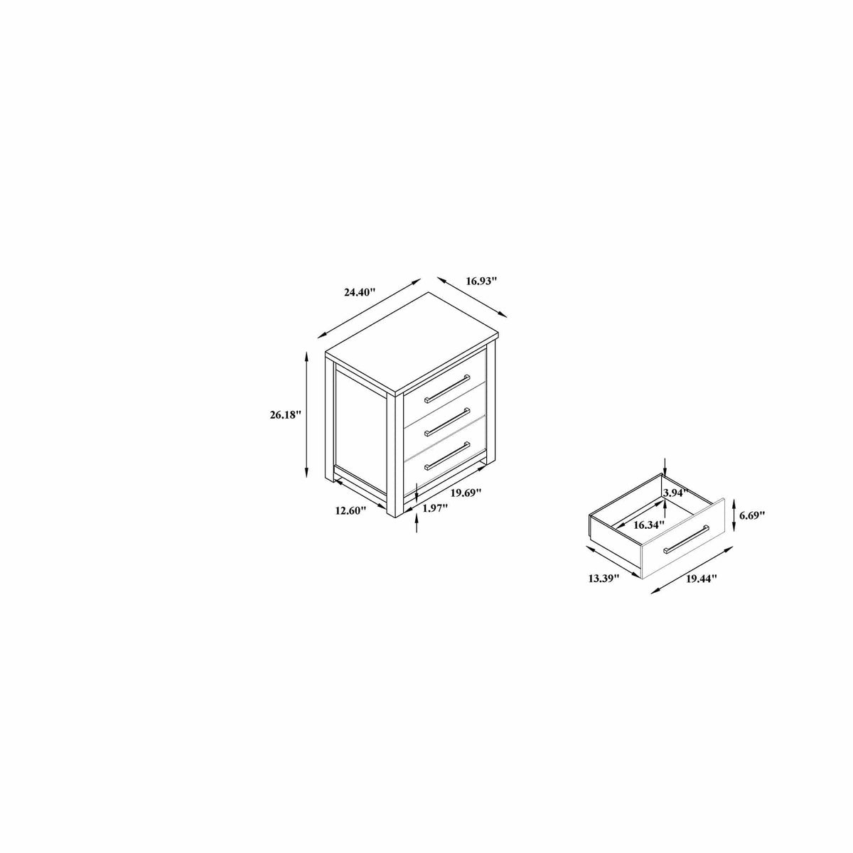 Avery Nightstand With Top Spacious Drawers, Block Feet | 24.41 x 16.93 x 26.18 in | Wood | Beige