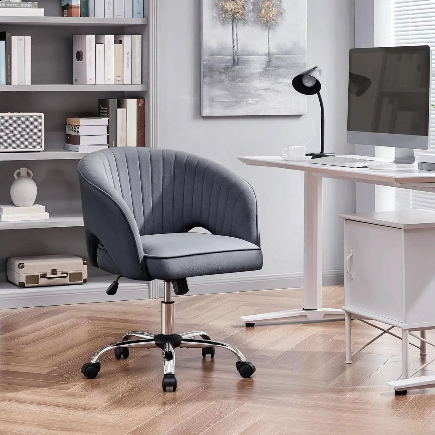 Dark Gray Velvet Swivel Office Chair Tufted Barrel Back from PriceLows™