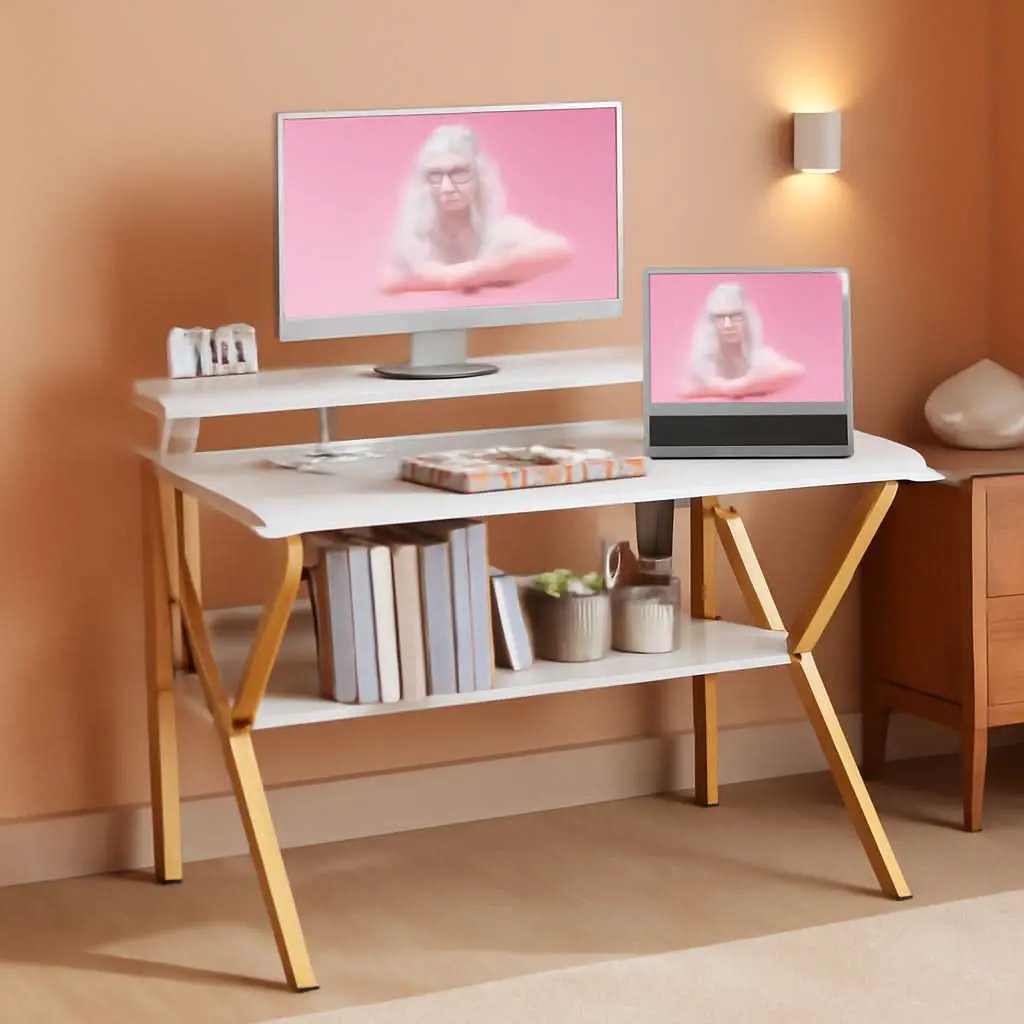 27.5 Inch Computer Desk With Monitor Stand And Storage White Marble Gold Leg from PriceLows™