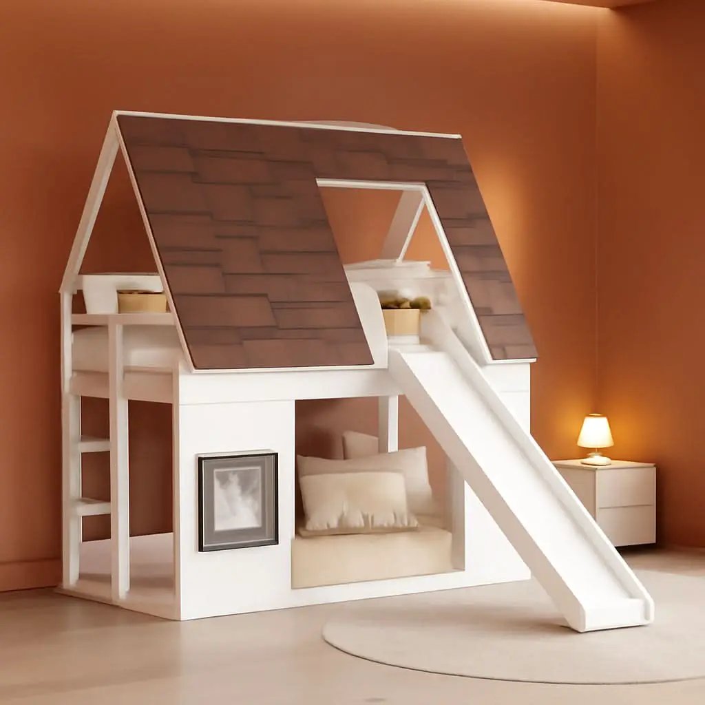 Twin Over Twin House Bunk Bed Frame White Brown With Roof from PriceLows™