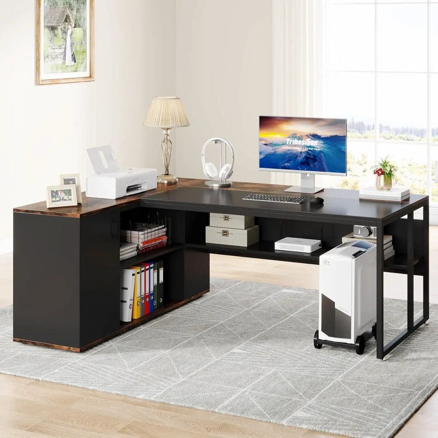 71 Inch L Shaped Executive Desk Brown And Black Office from PriceLows™