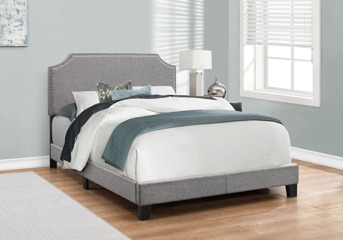 Upholstered Bed | Arched Cutout Headboard | Nailhead Trim | Block Feet Transitional Style