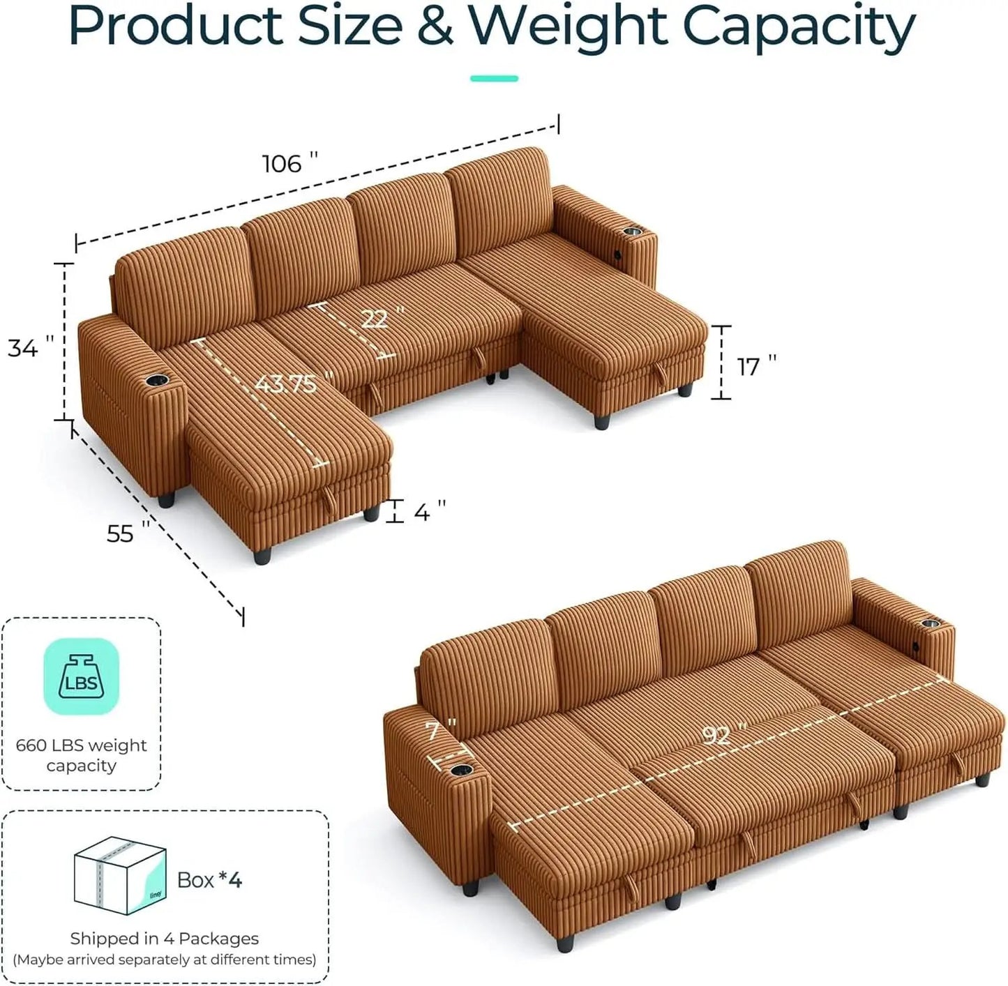 Brown UShaped Convertible Sectional Sofa Bed USBPort from PriceLows™