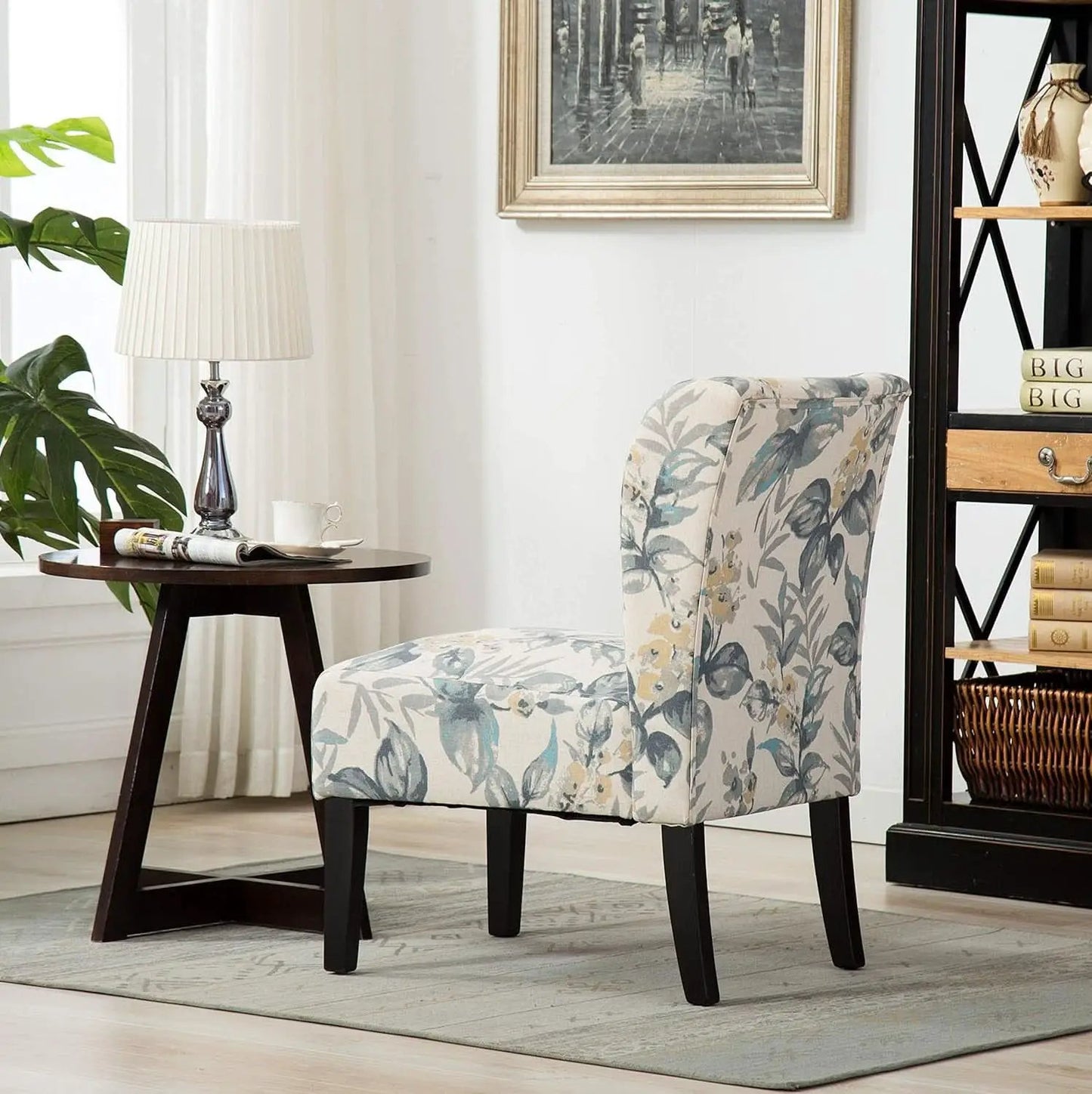 Armless Contemporary Chair With Blue Leaves Upholstery from PriceLows™
