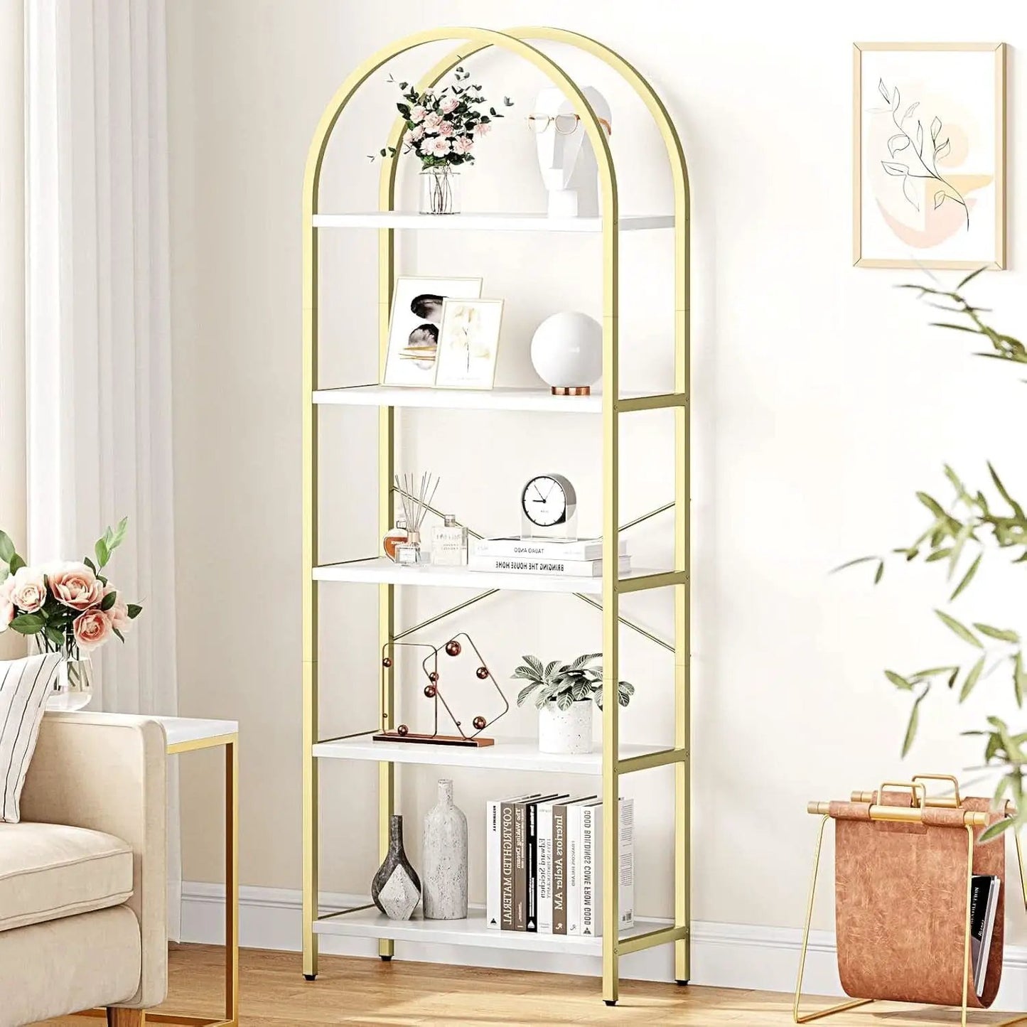 5 Tier Bookshelf Arched Display White Gold Metal Frame Bookcase from PriceLows™