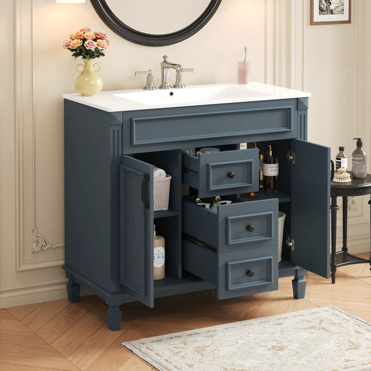 36 Inch Bathroom Vanity With Top Sink | Blue Finish | 2 Soft Closing Doors | 2 Drawers