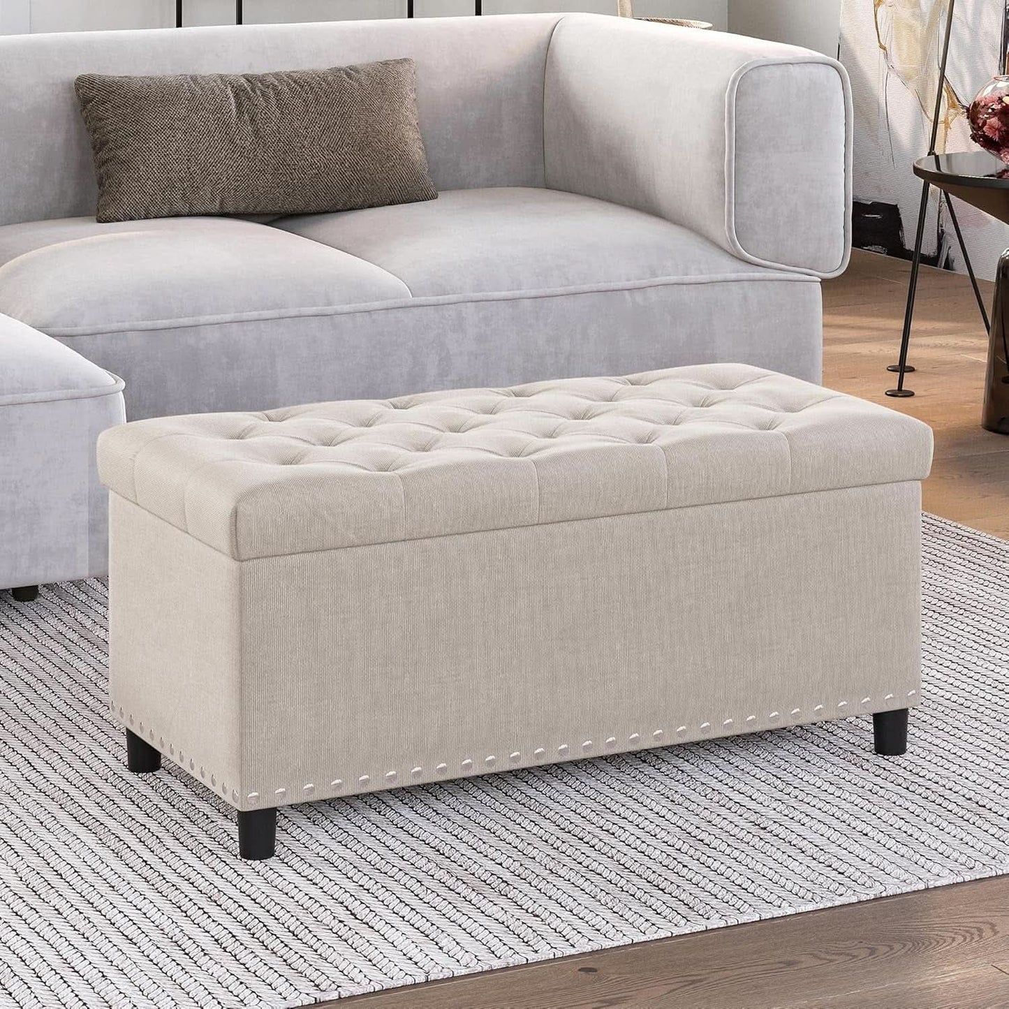 Rectangular Thirty Five Inch Beige Tufted Storage Ottoman Upholstered from PriceLows™