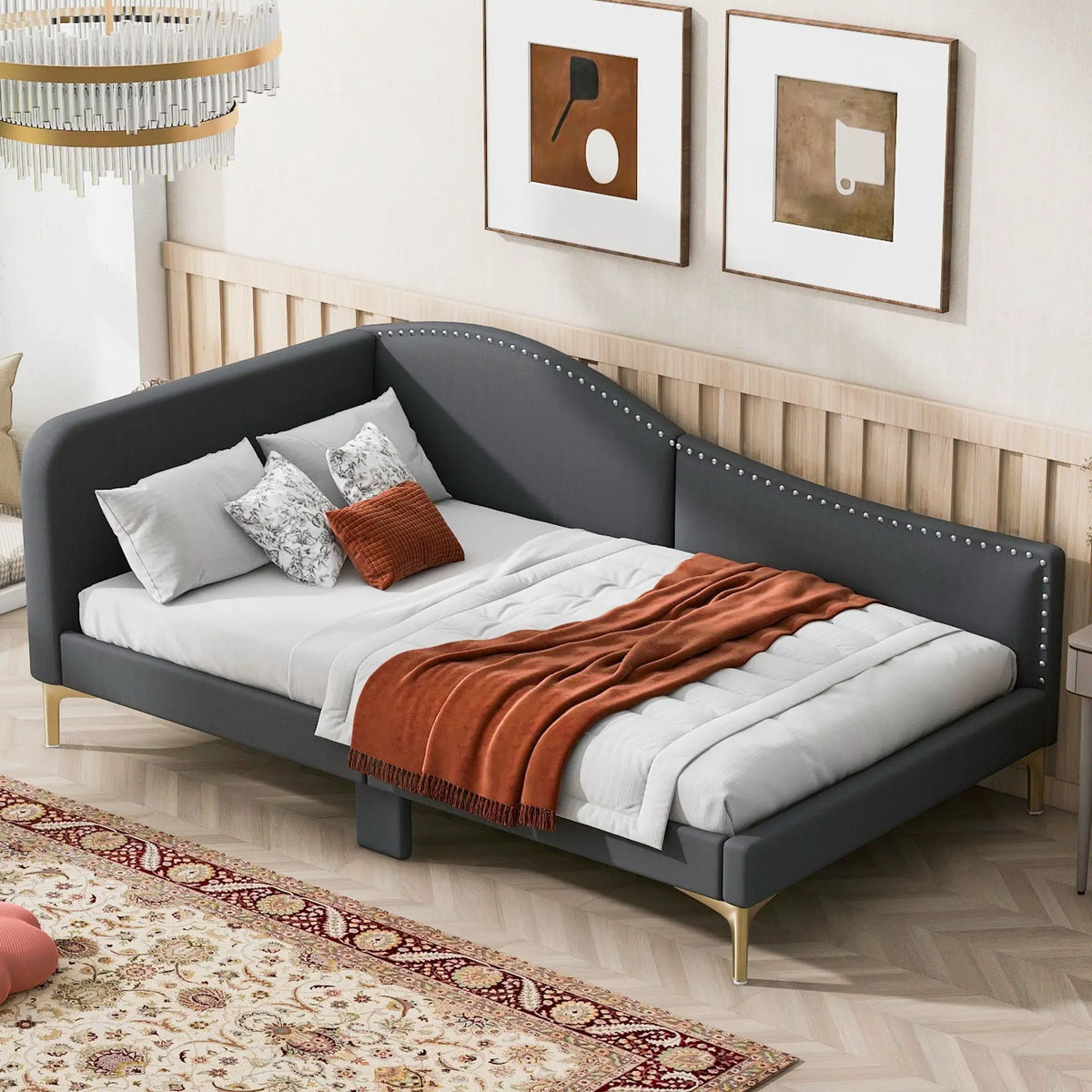 Upholstered Daybed | Headboard And Armrest | Support Legs | 80.5 Inch Length