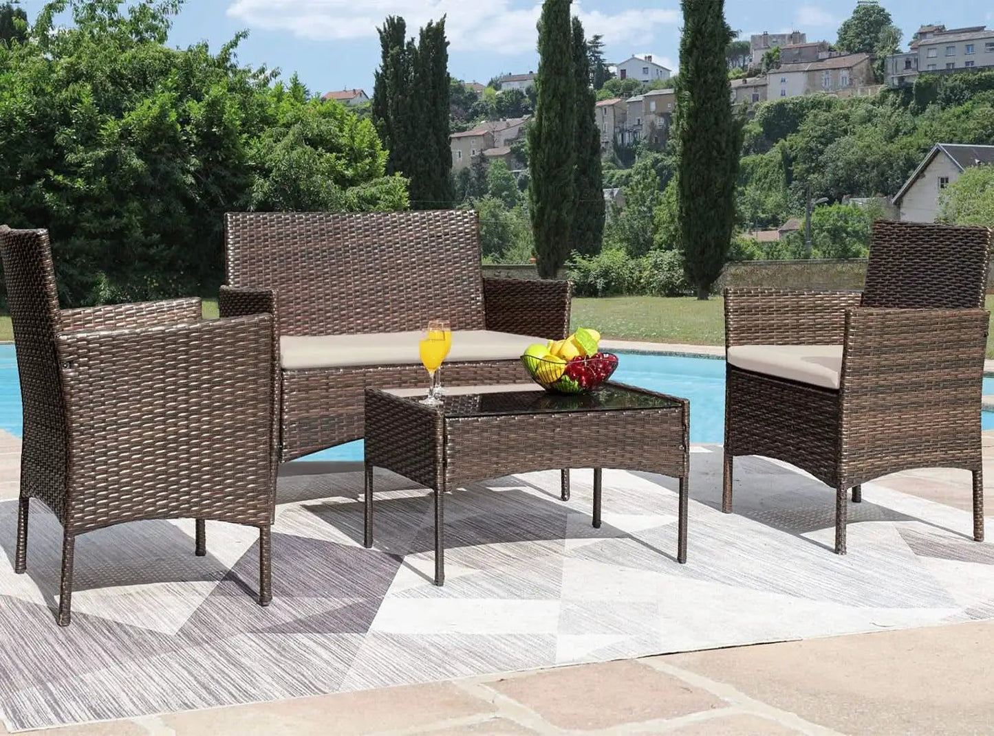 4 Piece Wicker Patio Set With Glass Table Beige Cushions from PriceLows™