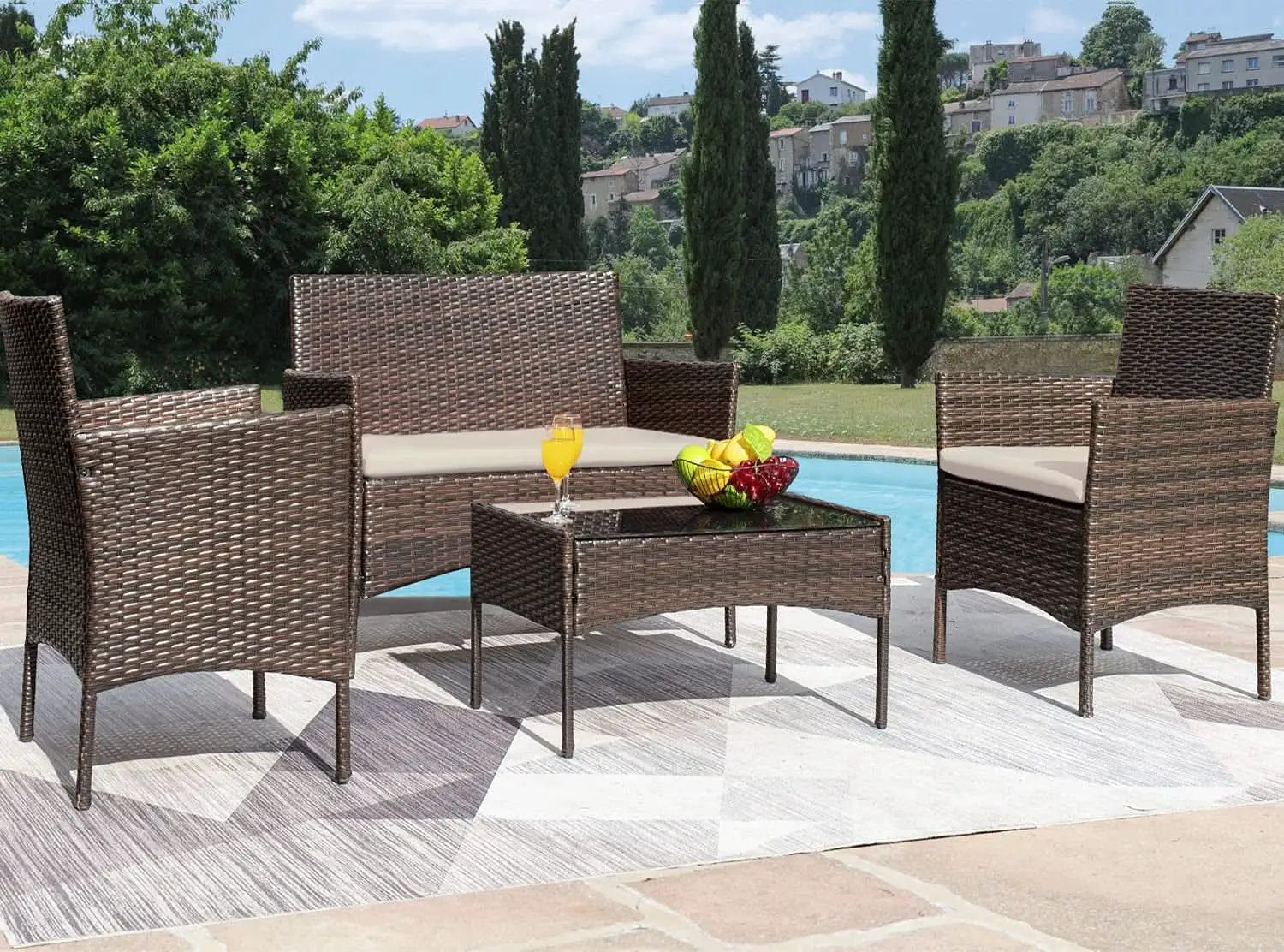 4 Piece Wicker Patio Set With Glass Table Beige Cushions from PriceLows™